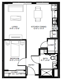 Floor plan for 1 bed, 1 bath, 630 sqft